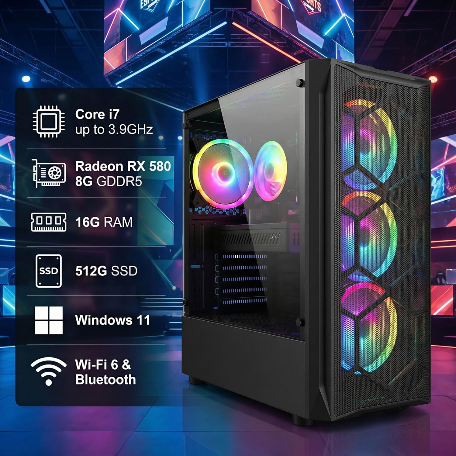 STGAubron Gaming PC Desktop Computer  Intel Core i7 up to 3.9GHz  Radeon RX 580 8G  16G RAM  512G SSD  WiFi 6  BT 5.0  RGB Fan x4  Windows 11 Home