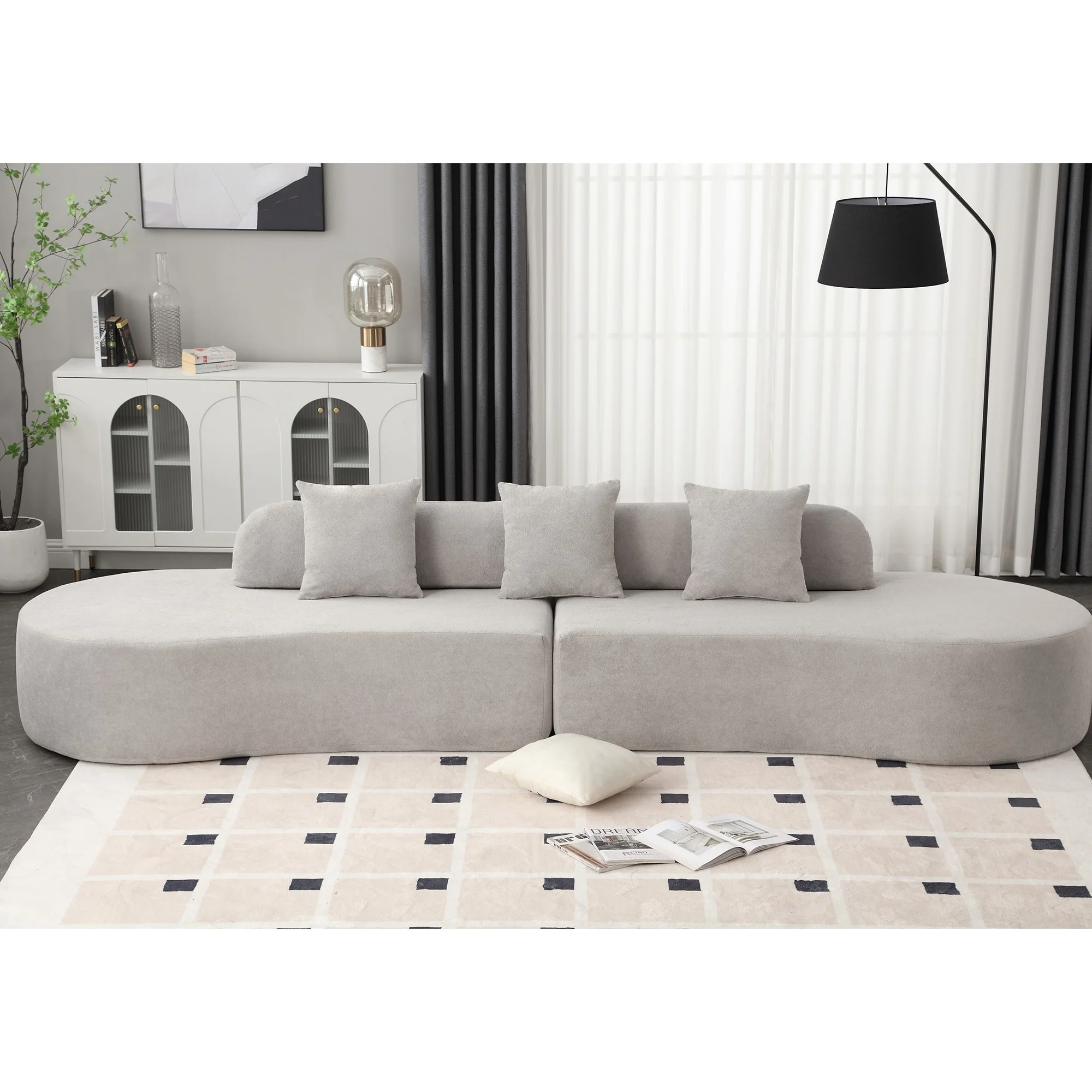 Grey 130.5 Curved Modular Sofa with Ergonomic High-Resilience Fabric and 3 Pillows