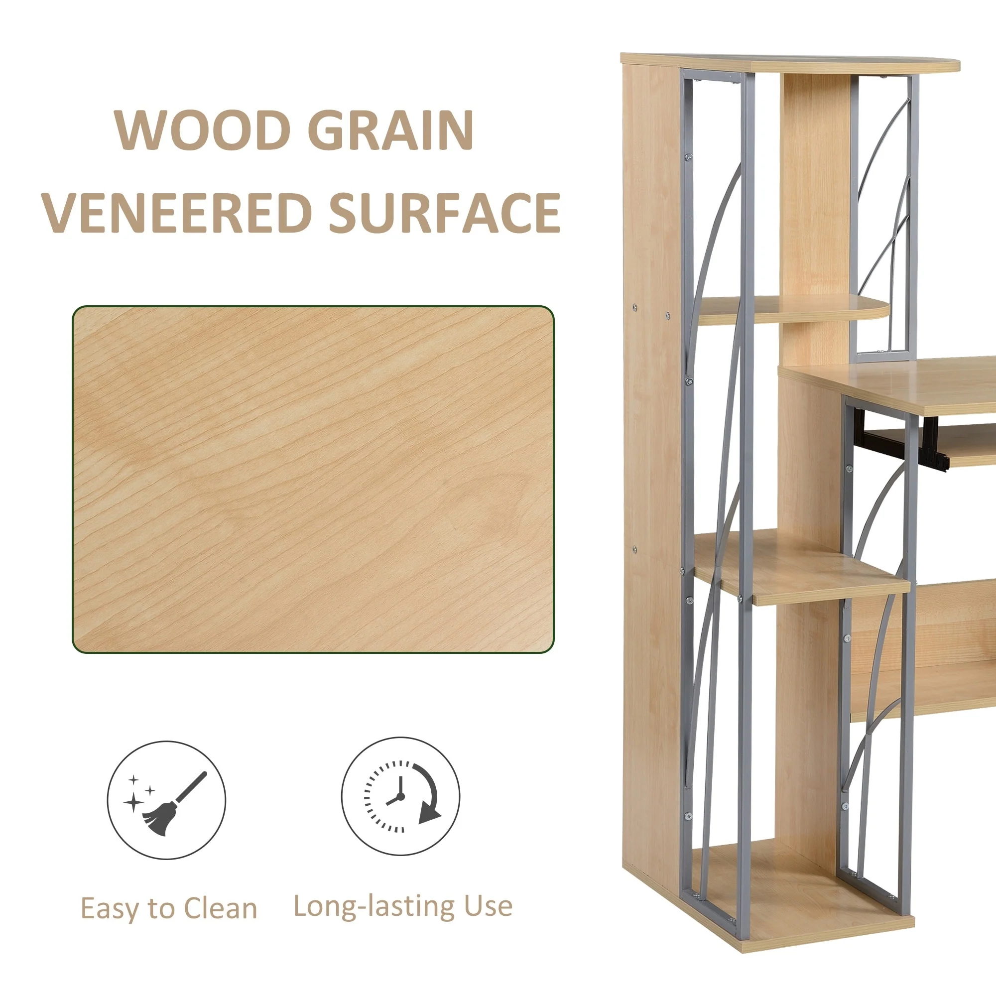 Modern Computer Desk with 4-Tier Bookshelf
