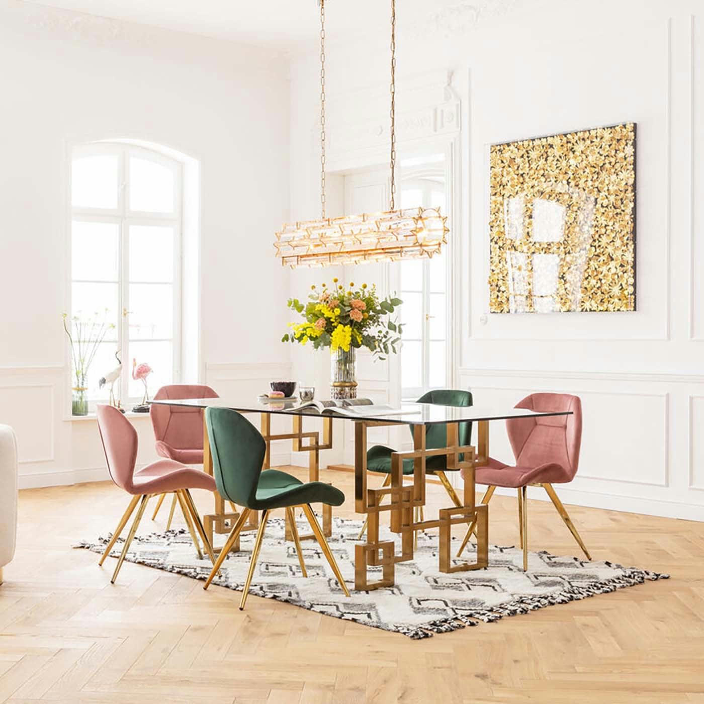 VIVA - Chaise rétro en velours vert et acier doré