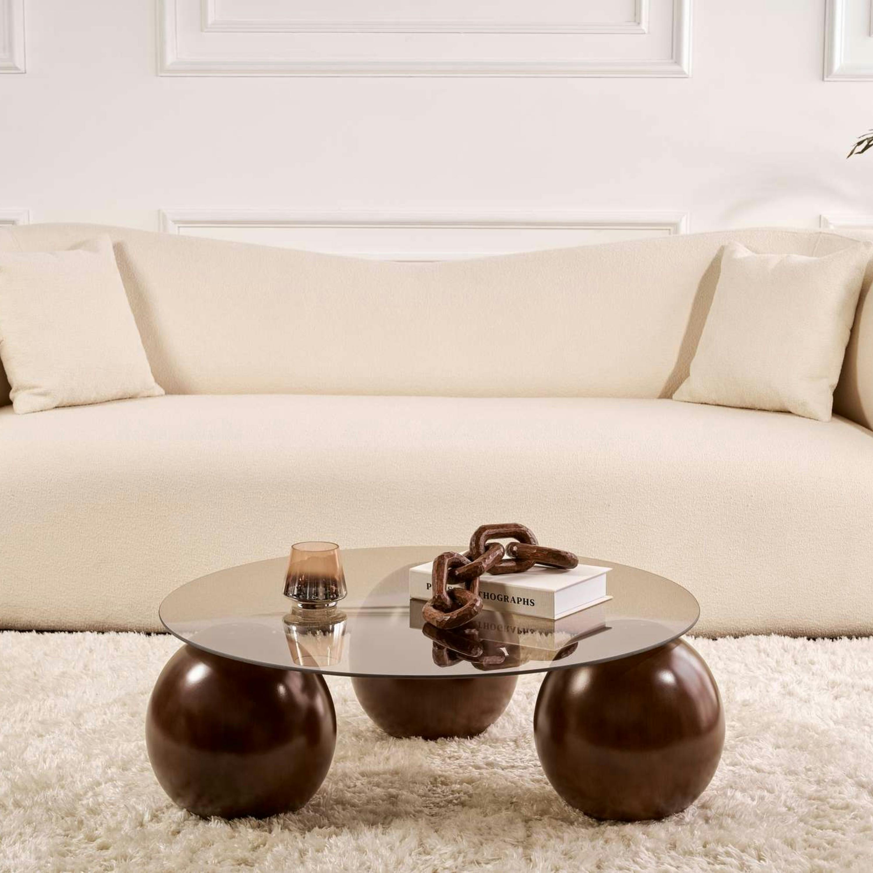 Table basse ronde verre ambré 3 pieds boule KOCHI
