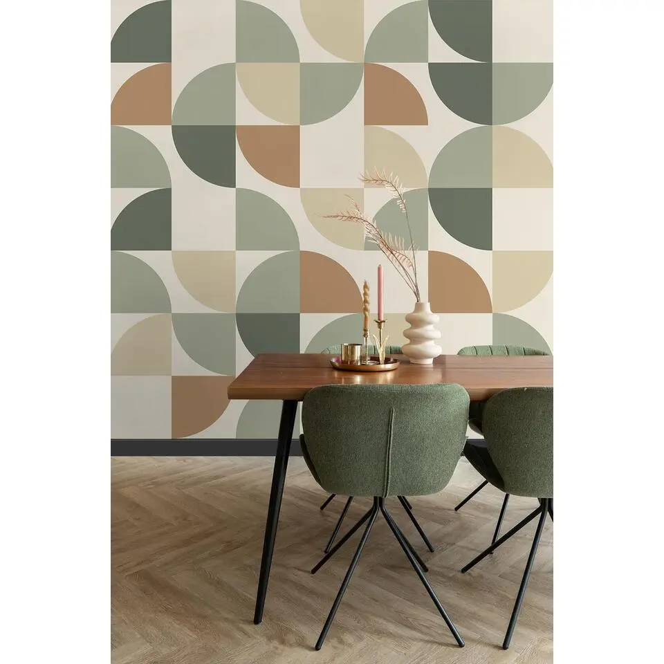 ESTAhome fotobehang geometrische vormen grijs, beige en groen - 250 x 279 cm