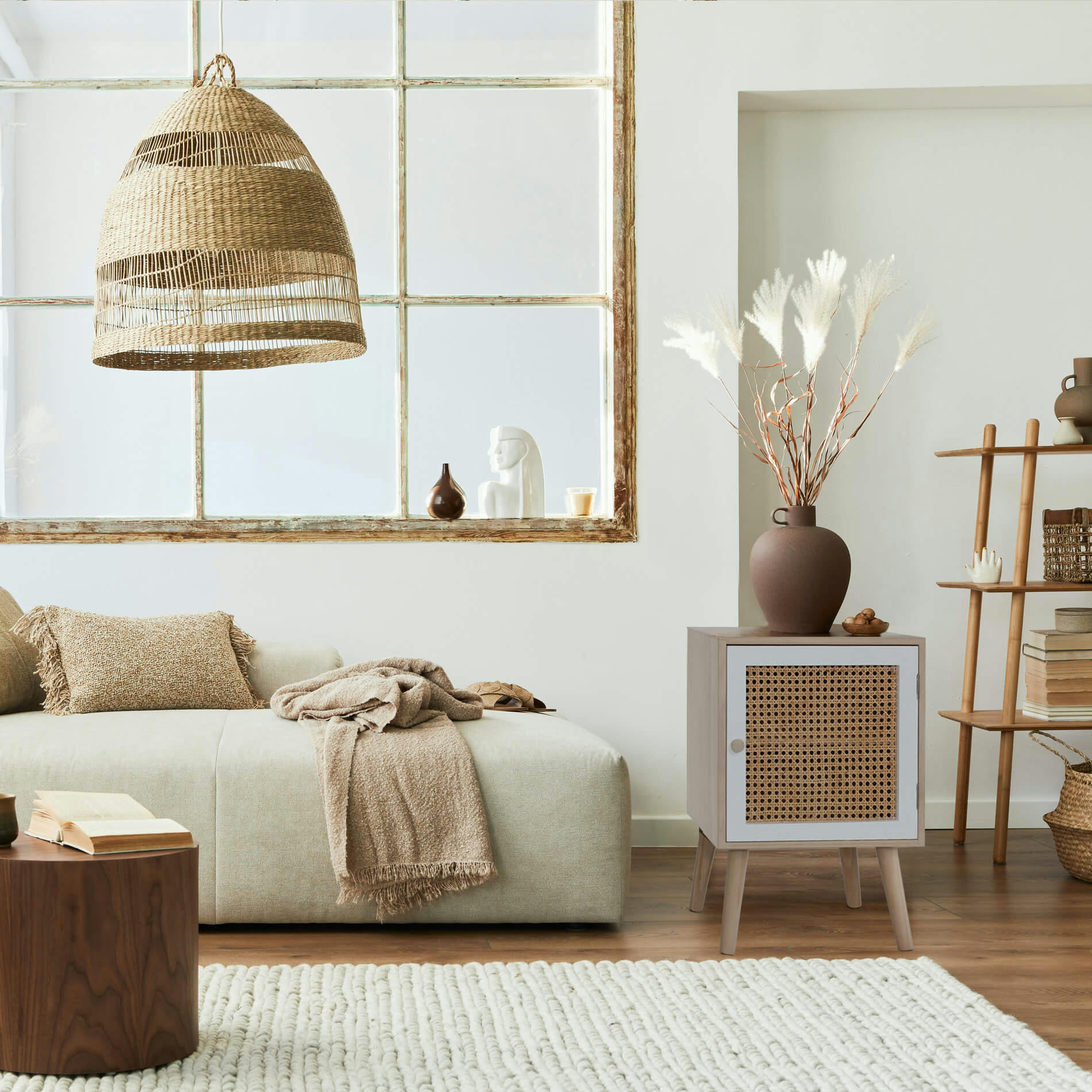 - Table de chevet avec 1 porte en bois marron et rotin