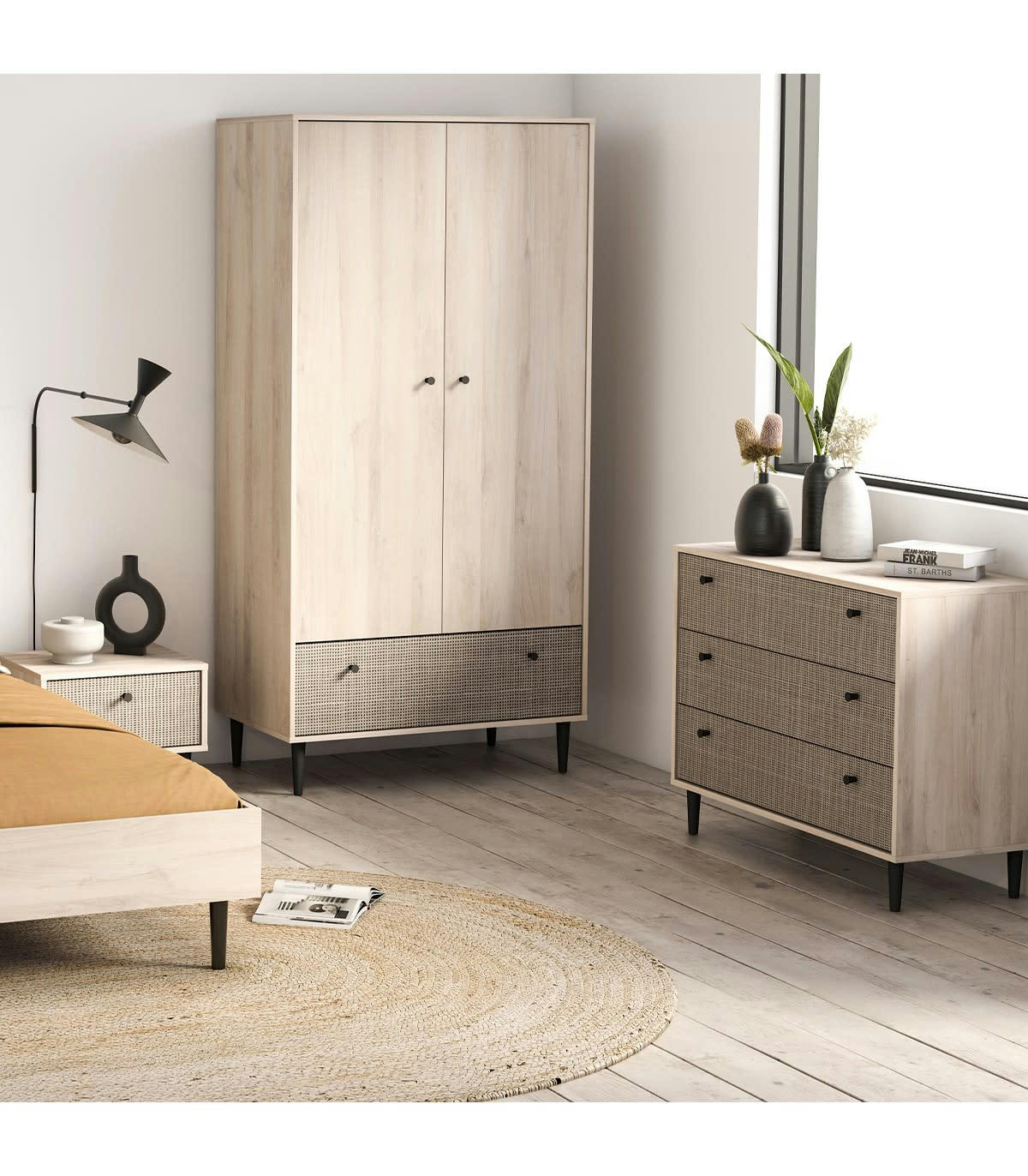 SAÏGU - Commode 3 tiroirs décor chêne kronberg, impression rotin