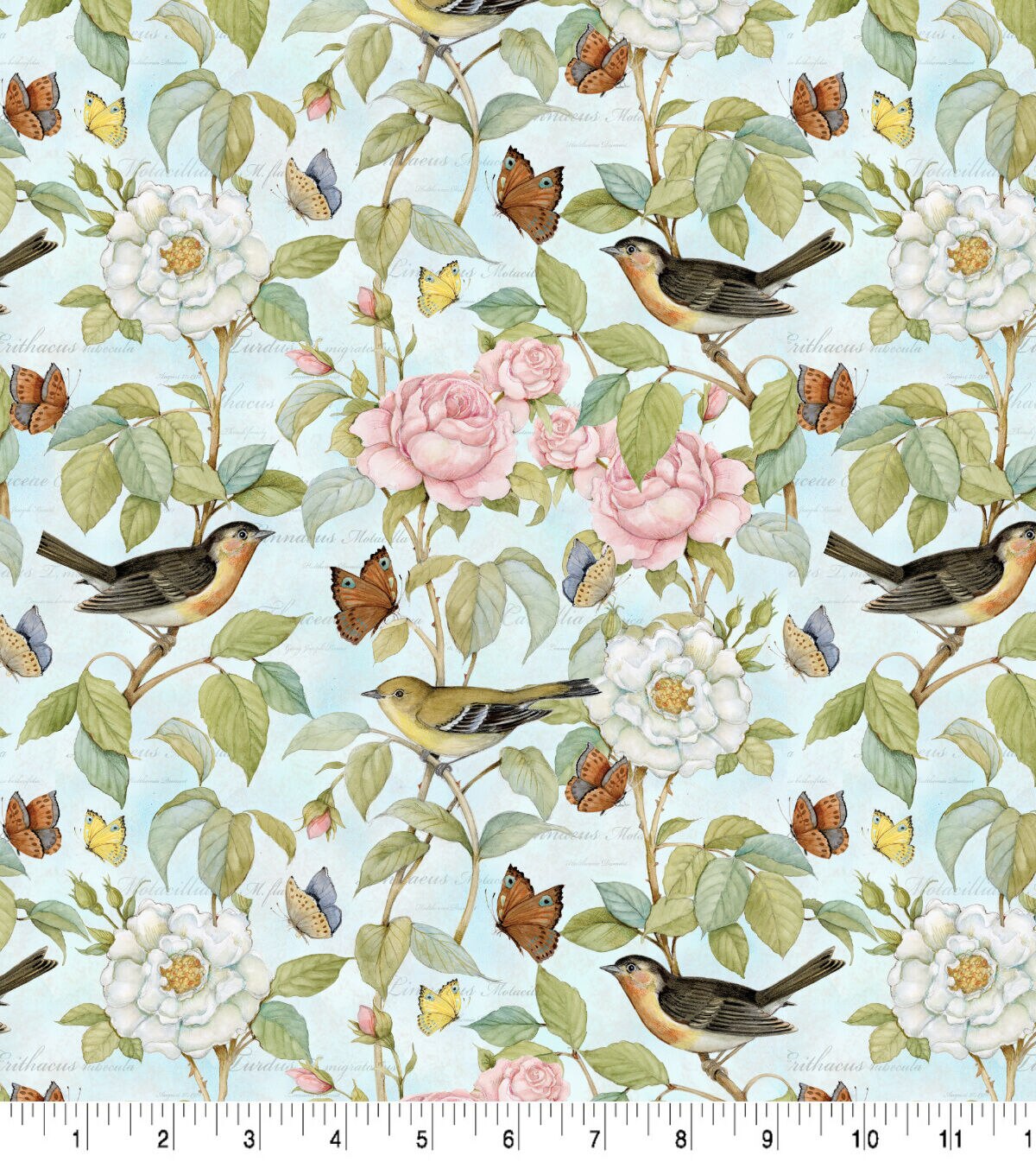 Susan Winget Camellia Birds & Butterflies on Blue Premium Cotton Fabric