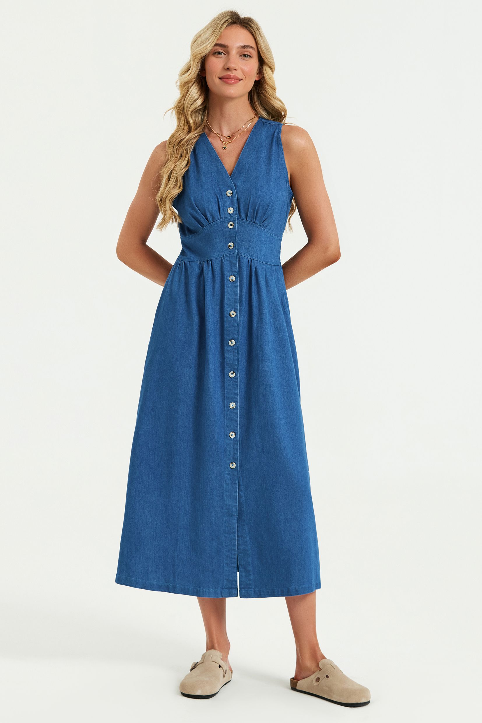 FS Collection Button Down Denim Midi Dress In Blue