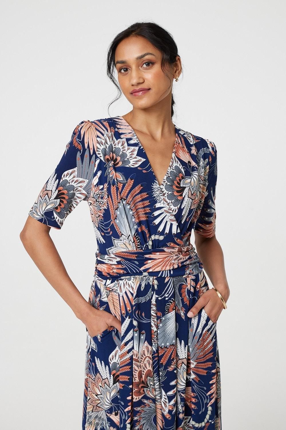Izabel London Tropical Print 1/2 Sleeve Midi Wrap Dress