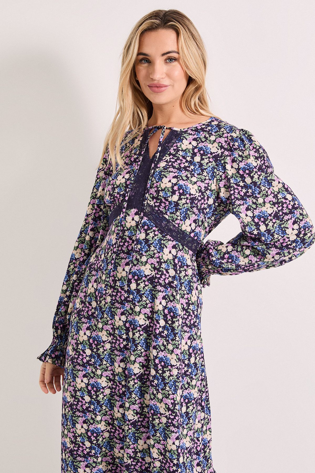Dorothy Perkins Purple Ditsy Lace Detail Tie Neck Printed Midi Dress
