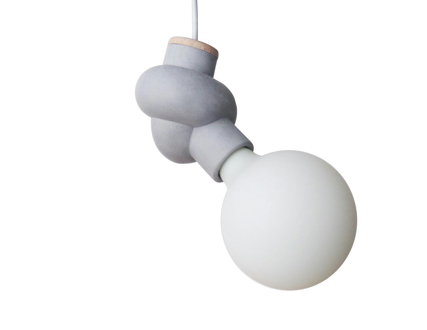 NOEUD - Lampe à suspendre en béton et bois cordon blanc ampoule LED porcelaine