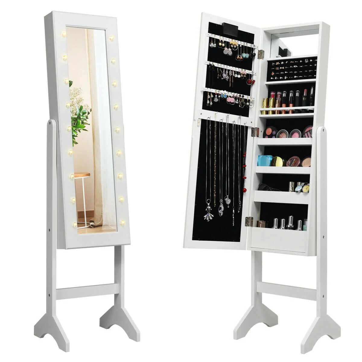 LED-Lighted Standing Jewelry Armoire Storage Cabinet with Full Length Mirror - 14 x 12.5 x 57 (L x W x H)