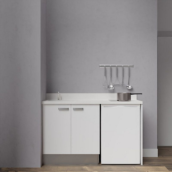 Kitchenette K17 - 140 cm - façades Blanc - Plan monobloc en quartz coloris Snova évier à gauche