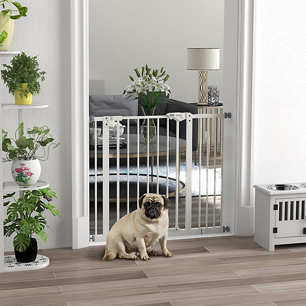 Barrière de sécurité chien - porte double verrouillage - L.94 cm max. - sans perçage - métal blanc