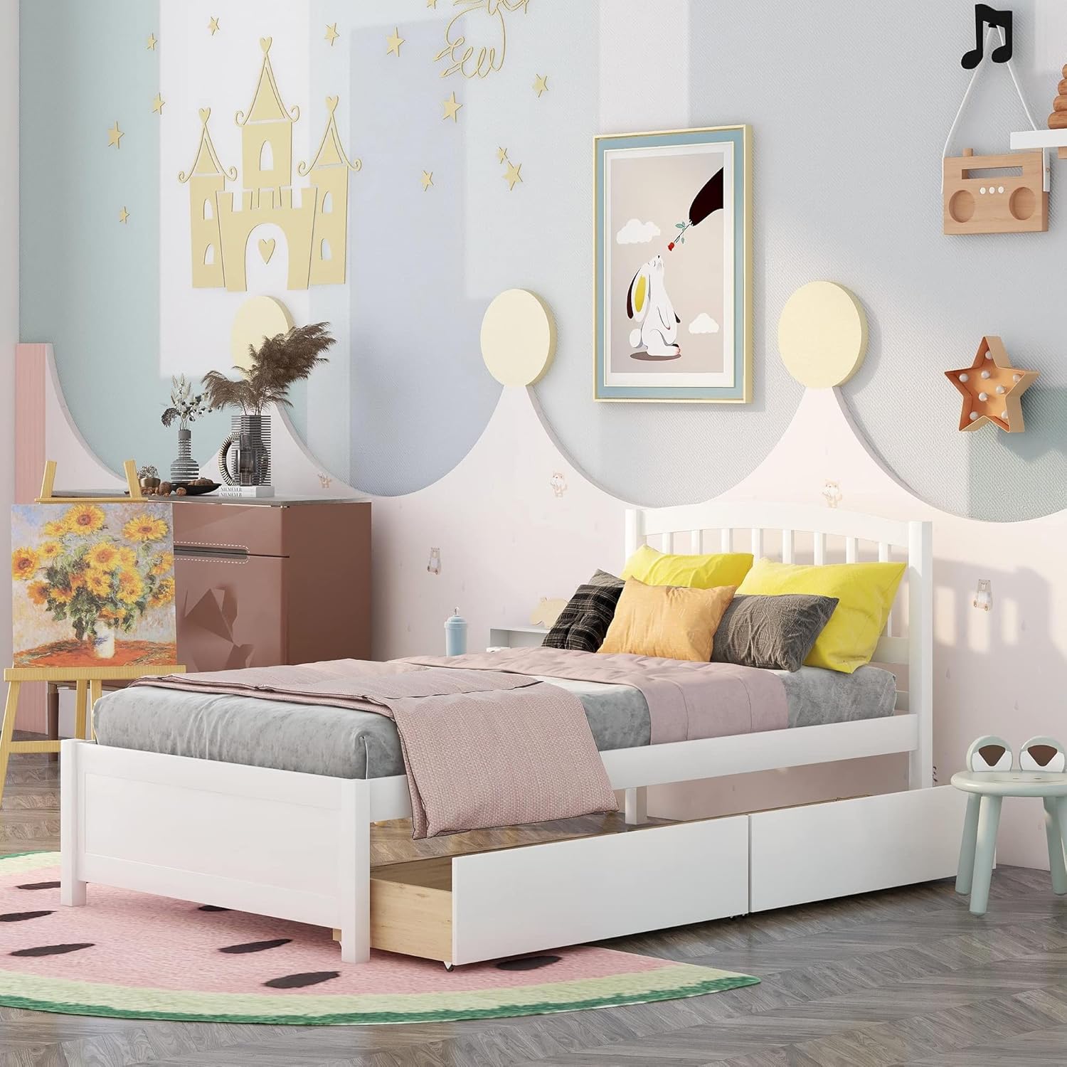 Solid Wood Platform Bed Twin Size with 2 Storage Drawers for Kids,Twin Size Low Platform Bed Frame with Curved Headboard,Footboard and Under Bed Space for Boys Girls Bedroom,Easy Assembly,White