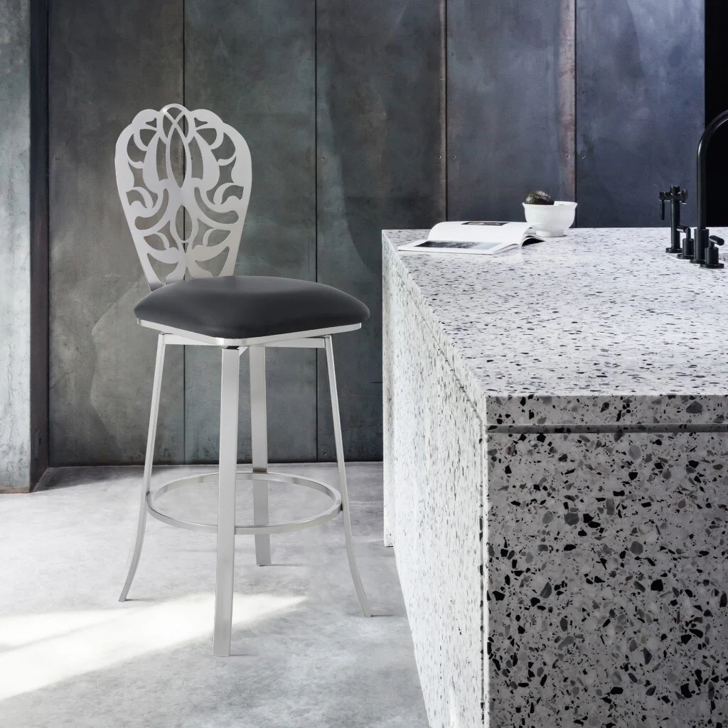 30 Black Faux Leather Scroll Brushed Stainless Steel Swivel Bar Stool