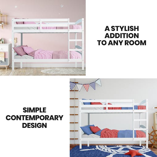 NNEMB Single Bunk Bed Frame, Solid Pine 2-in-1 Modular Design, White