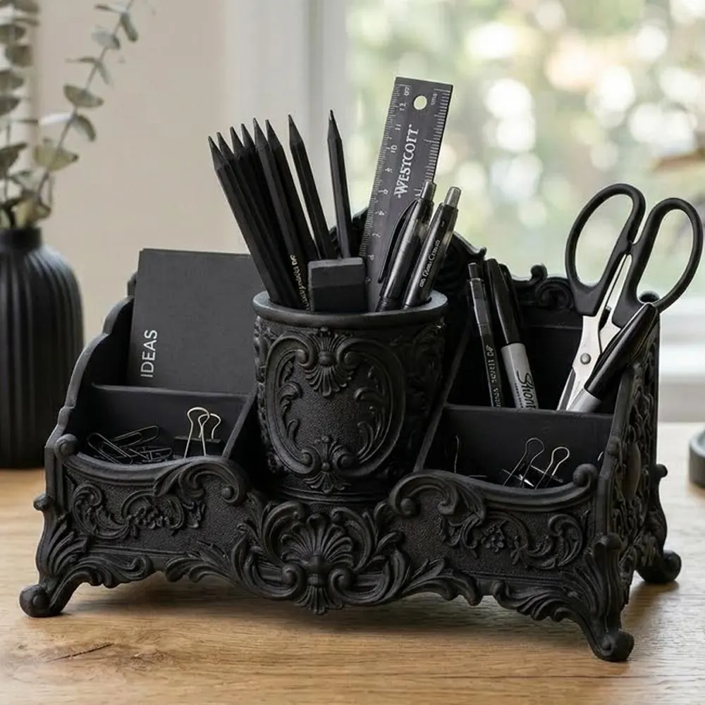 Hand-Painted Gothic Desk Organizer - Baroque Stationary Caddy - Vintage Office Desk Decor