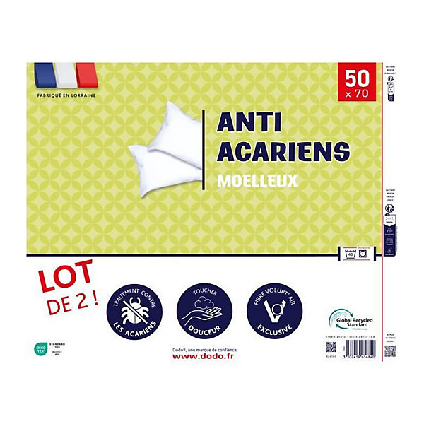 Lot de 2 oreillers anti-acariens 50x70 cm - 100% Polyester - DODO