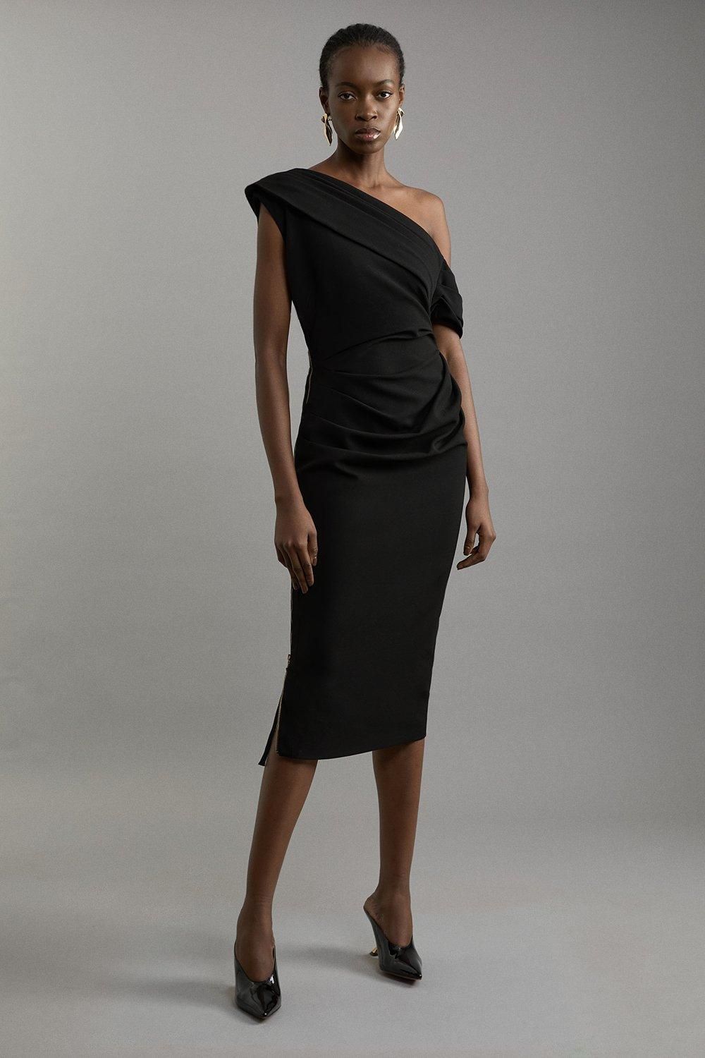 KarenMillen Structured Crepe Asymmetric Tailored Pencil Midi Dress