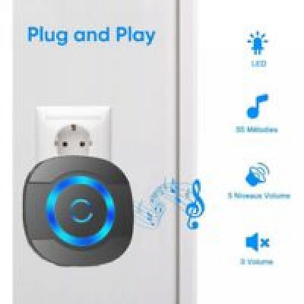 Noir Sonnette de Porte sans Fil 300M étanche Carillon Electronique avec Récepteur Enfichable pour la Maison 55 Mélodies LED