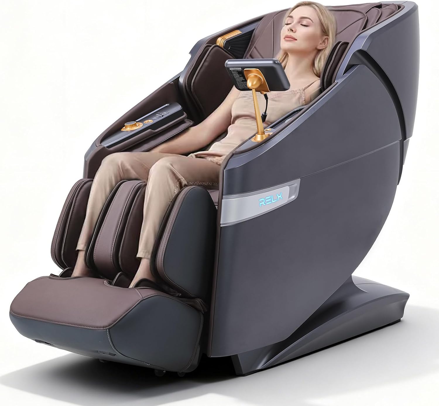 RELX 4D Massage Chair Full Body, 23 Modes Zero Gravity SL-Track Shiatsu Massage Chair with Electric Extendable Footrest, Airbag Massage with Body Scan, Shawl, Deep Yoga Stretch and AI Control(Brown)