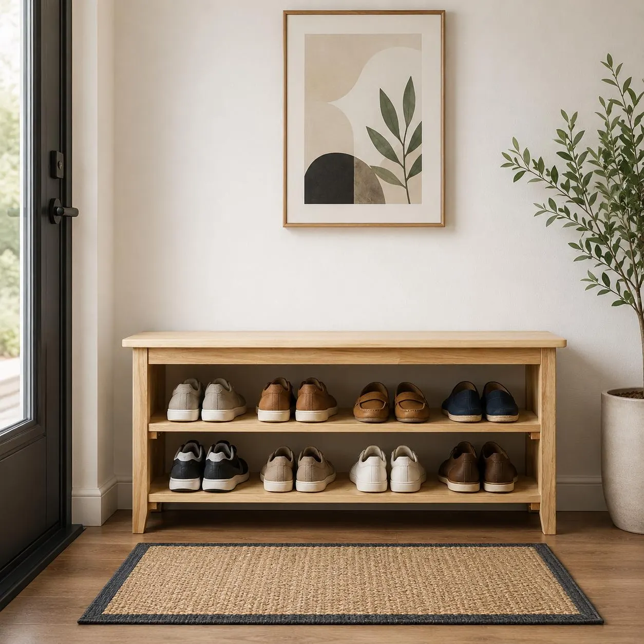 Rustic Wooden Shoe Rack Bench – 2 Tier Entryway Shelf
