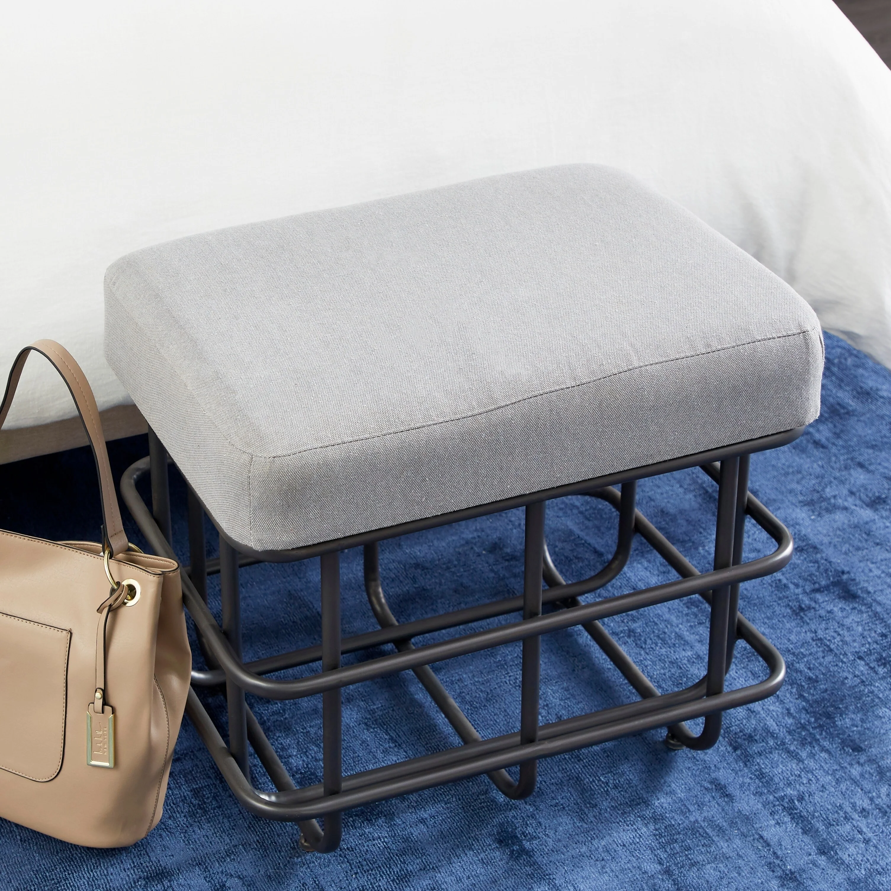 Gold, Beige Leather, Wood Standard Ottoman