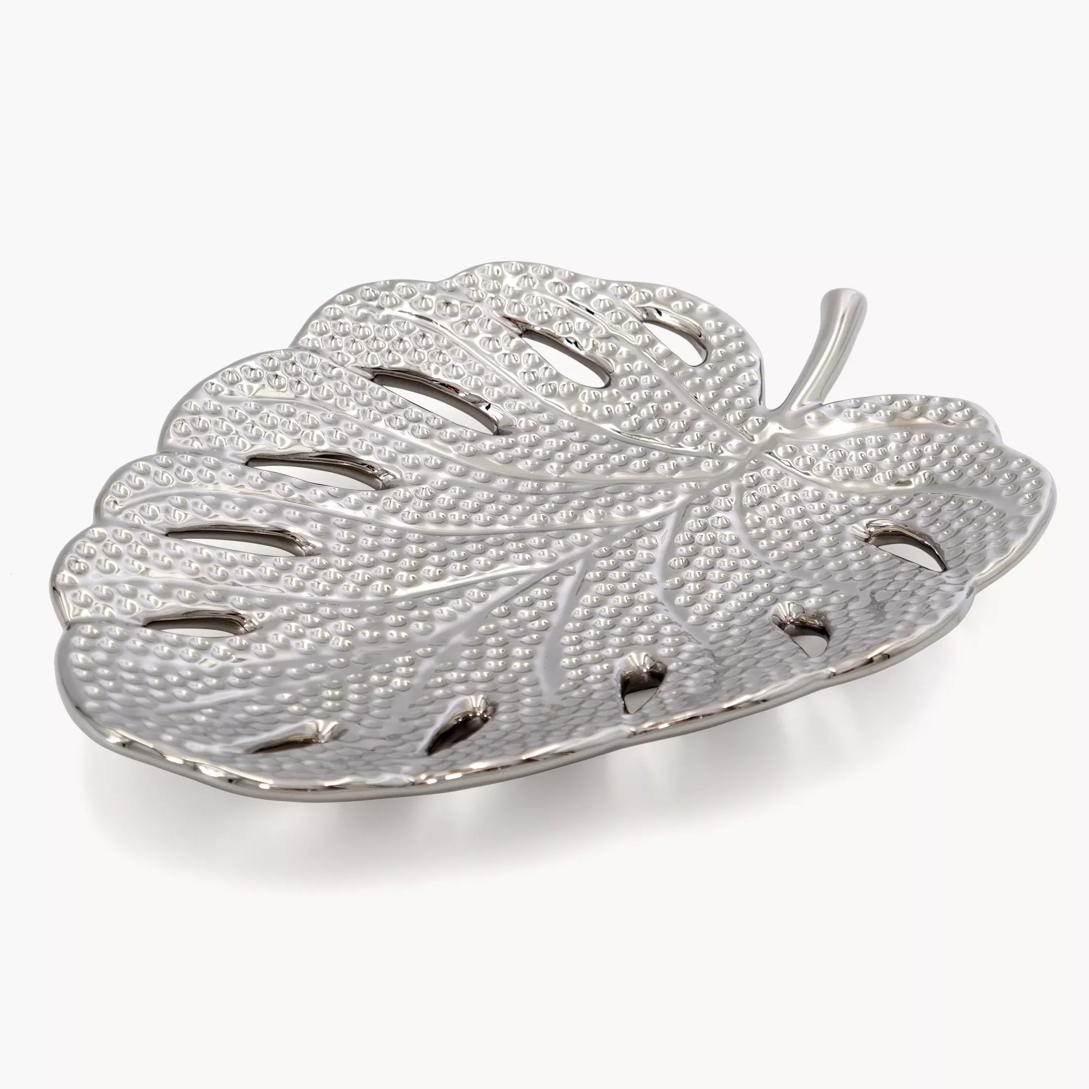 Patera dekoracyjna srebrna w kształcie liścia monstery 25x19x4 cm KARLO