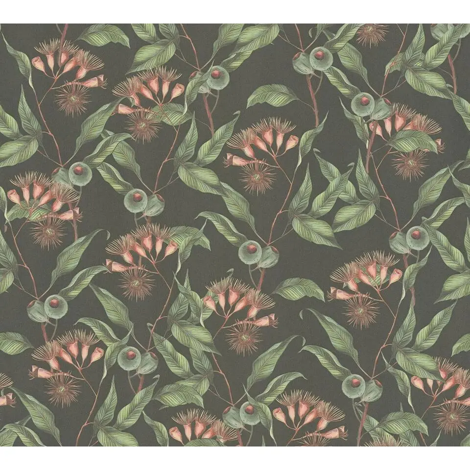 Livingwalls behang bladeren zwart, groen en rood - 53 cm x 10.05 m