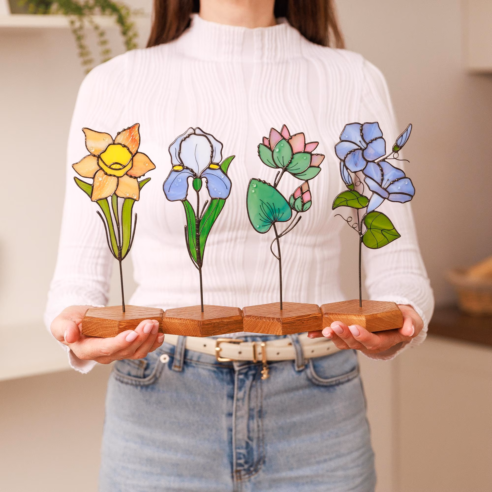 Stained Glass Birth Flower Plant Stake – Handmade Mothers day Gift