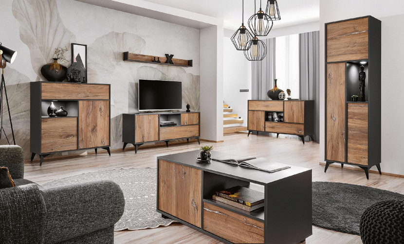 Pan Igiełka Zestaw Mebli Dąb Bijoux Antracyt LED Loft 6 Elementów Salon