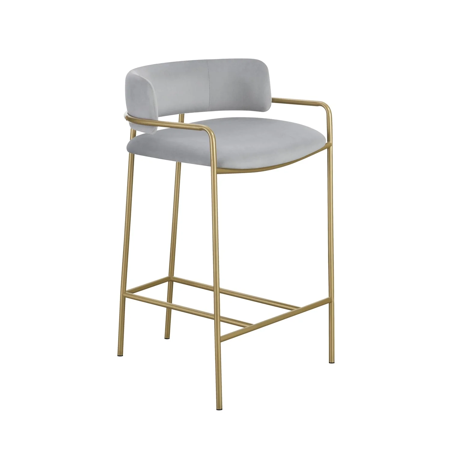 Upholstered Low Back Counter Height Stool in Grey and Brass