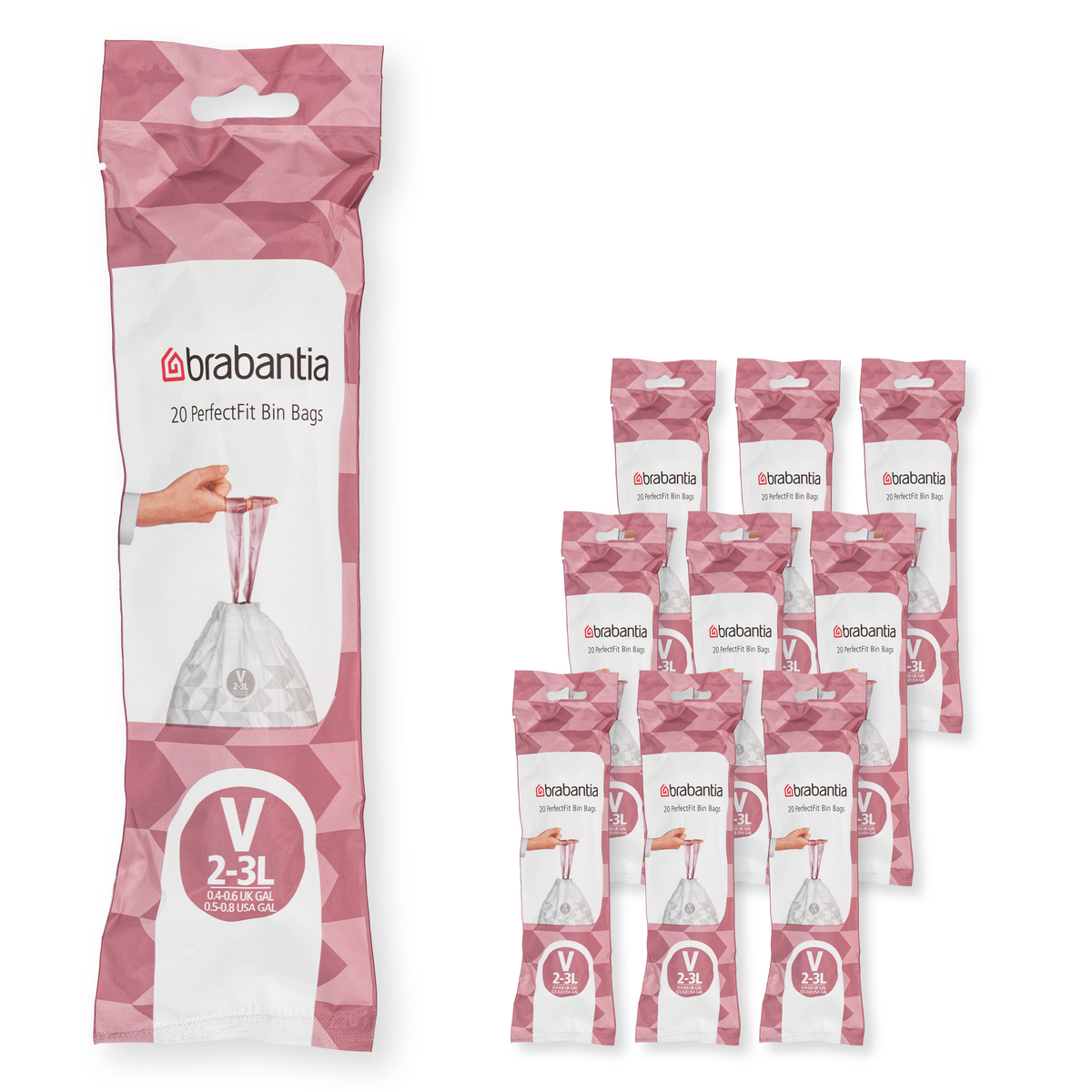 Brabantia PerfectFit Afvalzak, code V, 2-3 liter, 200 stuks, set van 10 rollen - White