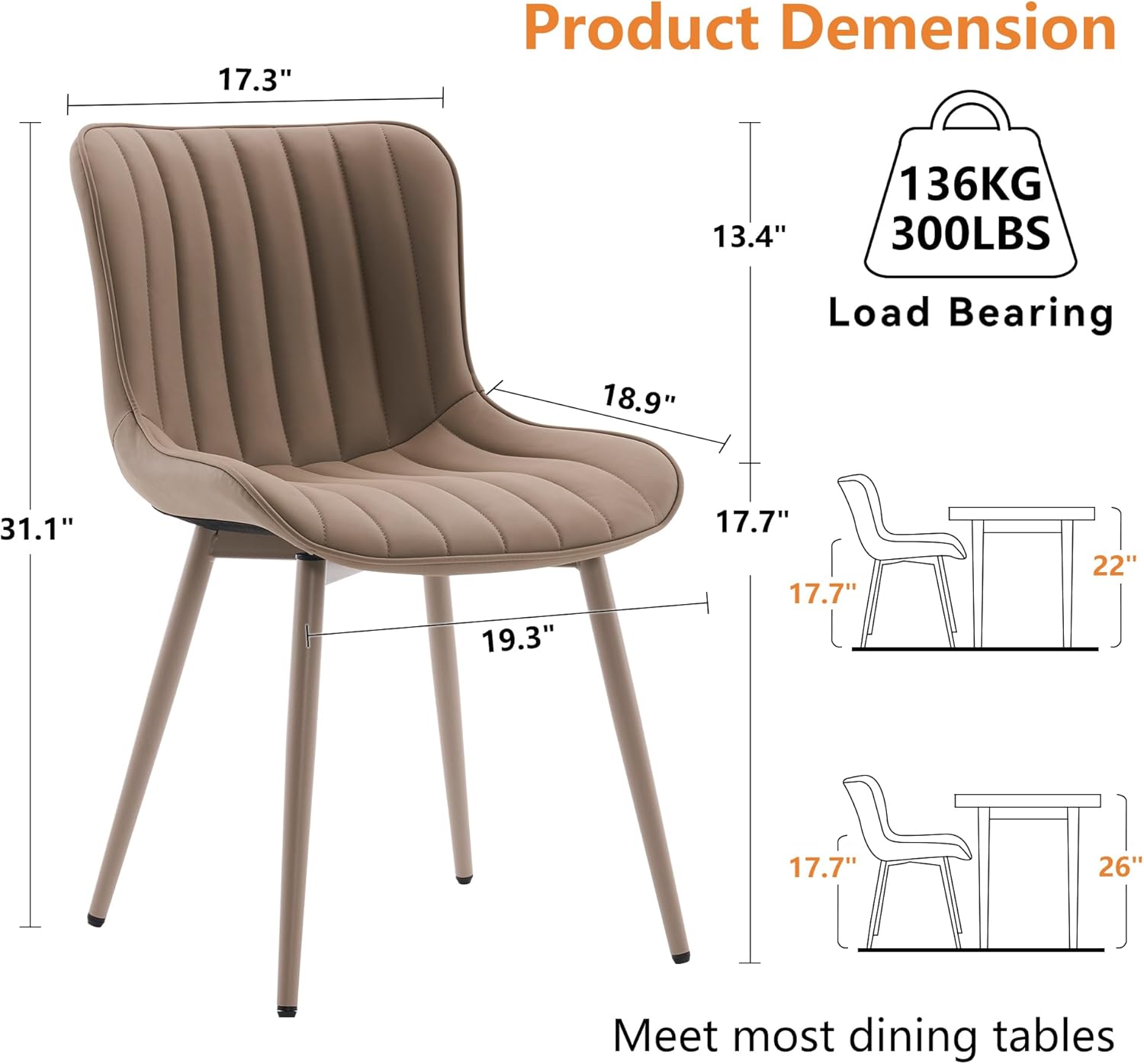 YOUNUOKE Mid-Century Modern Dining Chairs Set of 2, Khaki PU Leather Upholstered Kitchen Chairs with Khaki Metal Legs, Armless Accent Chair for Dining Room, Guest Reception Room