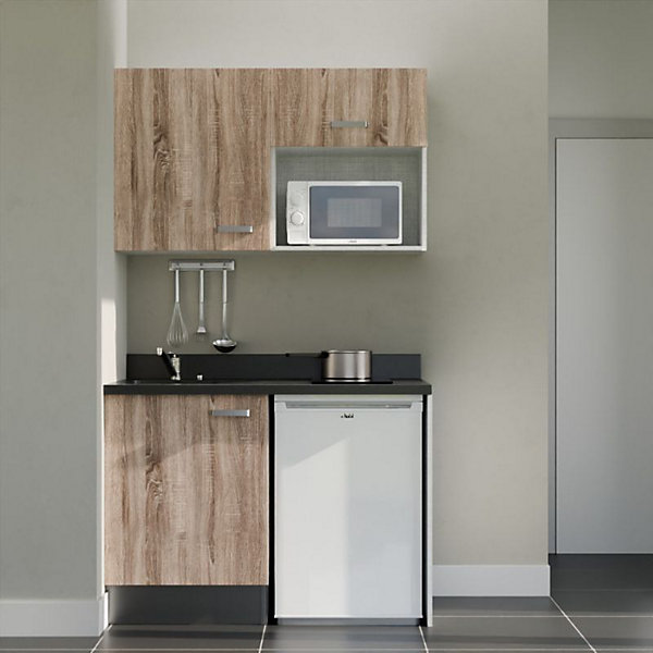 Kitchenette K07 - 120 cm - façades Bois - Plan monobloc en quartz coloris Nero évier à gauche - Electroménager Blanc