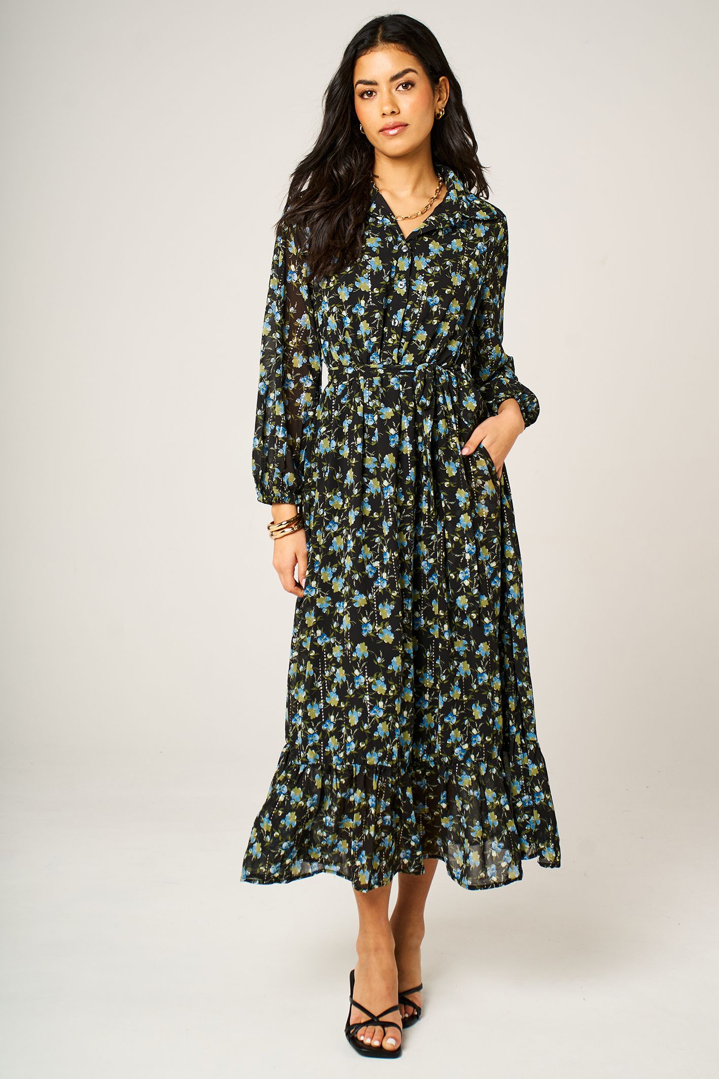 FS Collection Floral Print Long Sleeve Ruffle Chiffon Shirt Midi Dress In Black