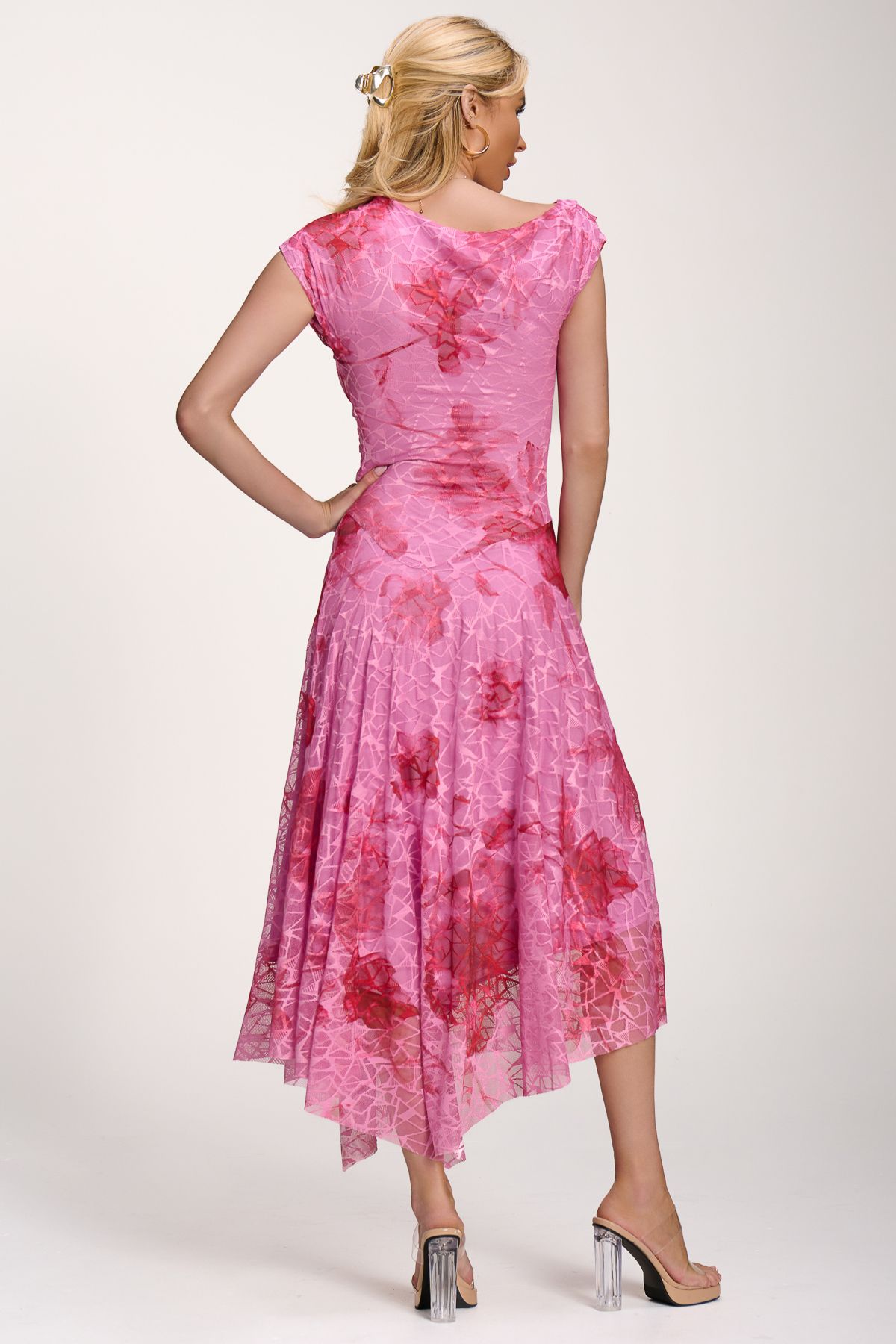 Jolie Moi Asymmetric Draped Print Lace Maxi Dress