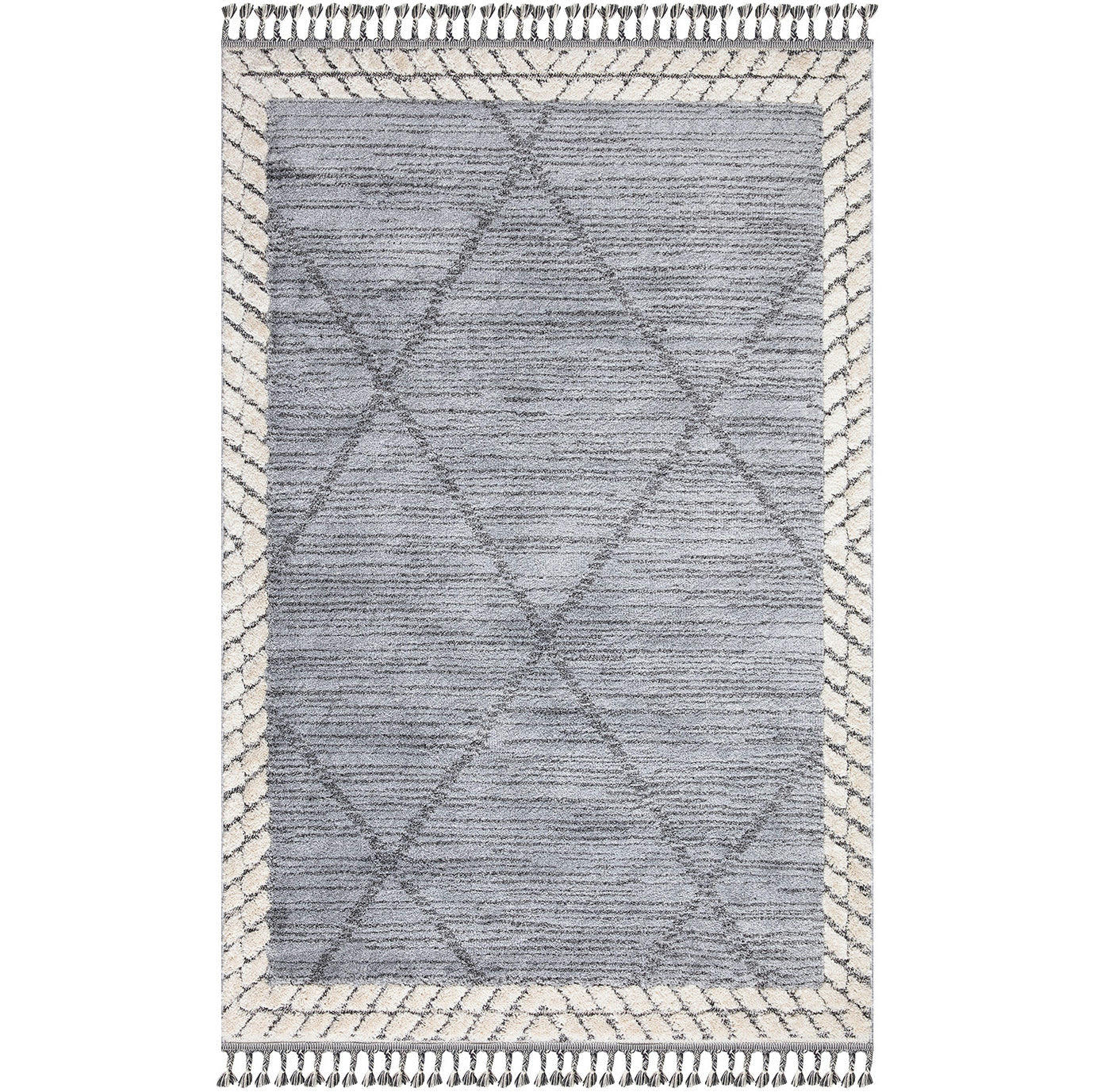 BOHOUSE - Tapis bohème chic à franges tressées gris et crème 160x230cm