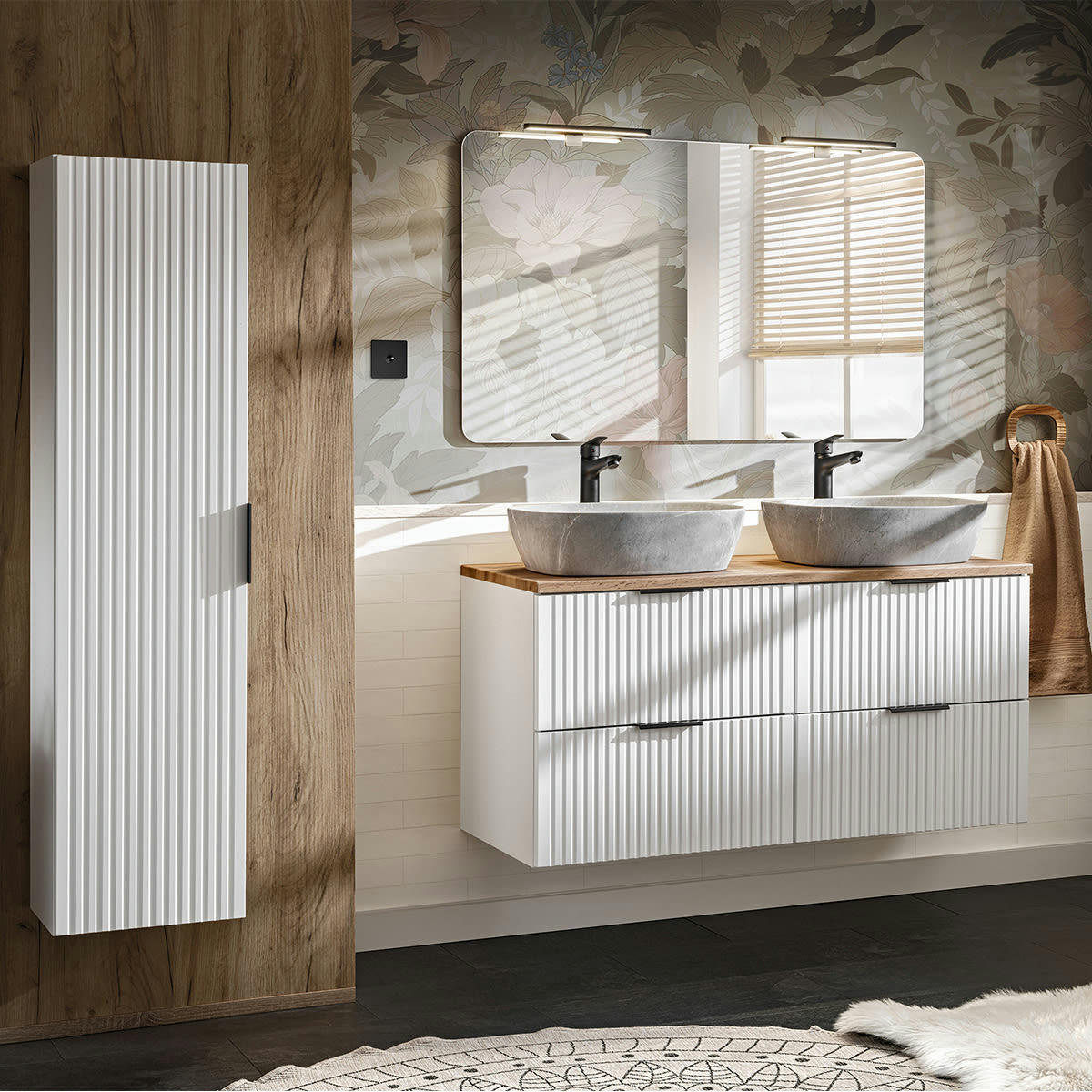 - Ensemble meuble double vasque 120cm et colonne stratifiés blanc