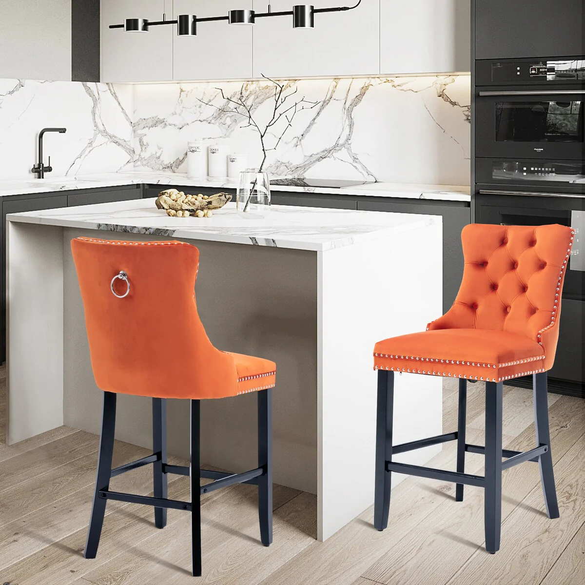 Contemporary Tufted Velvet Upholstered Counter Bar Stools Set of 2