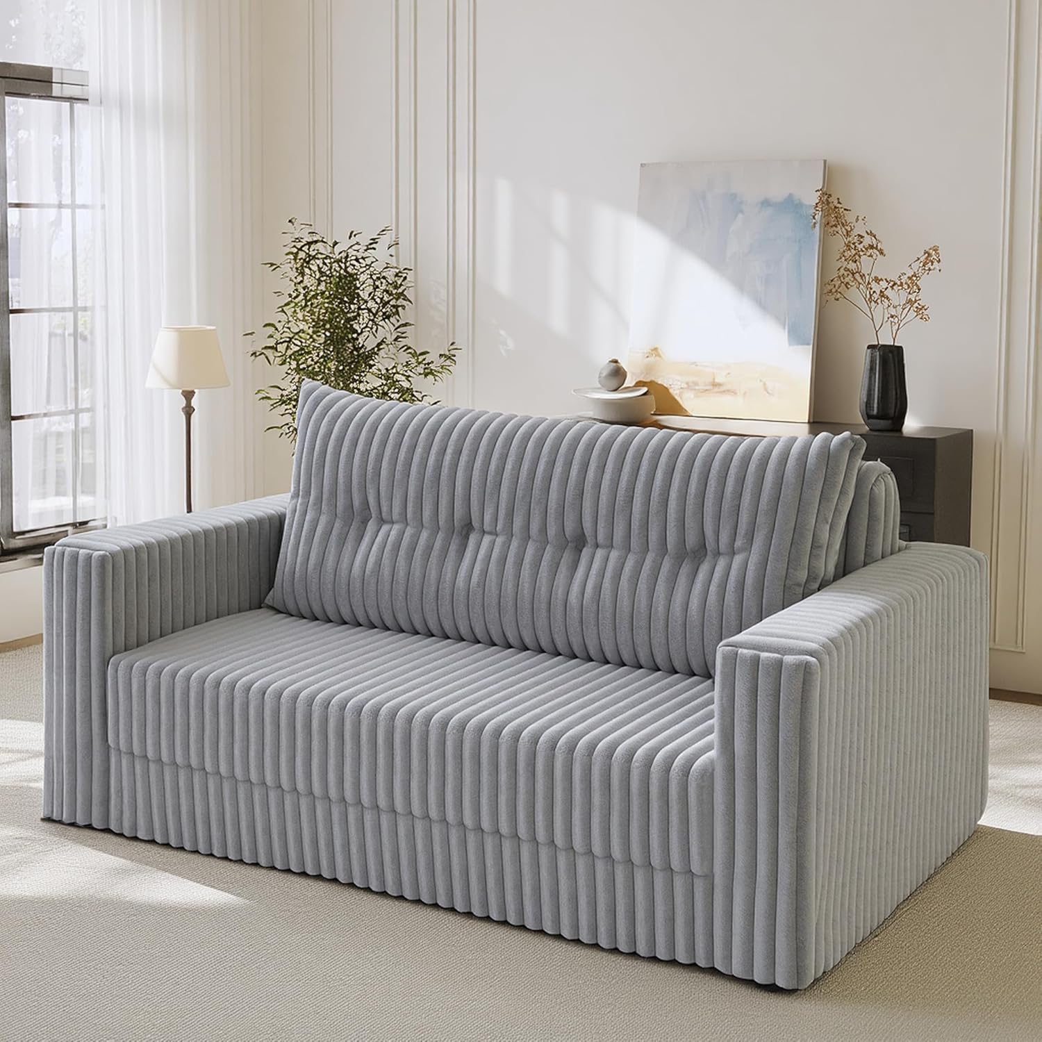 HABUTWAY Folding Sofa Bed, 2 in 1 Convertible Sleeper Chair with Pillow, Portable Fold Out Chair Bed with Armrest, Comfy Floor Couch, Lazy Sofa for Living Room Bedroom Dorm Home Office, Light Grey