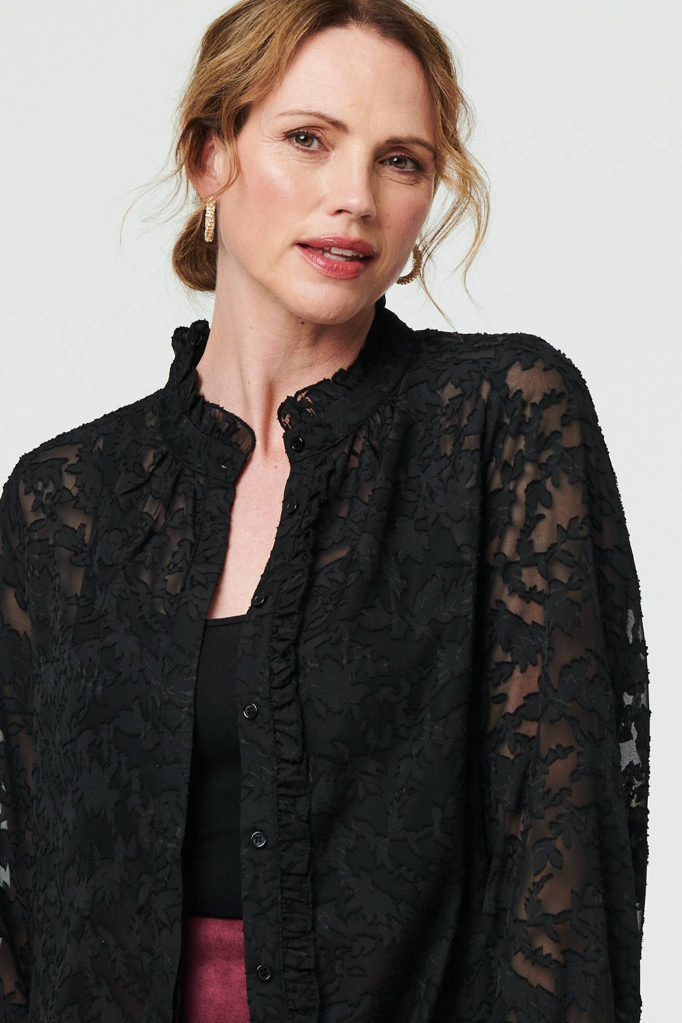 Izabel London Lace Frill Semi Sheer Long Sleeve Blouse