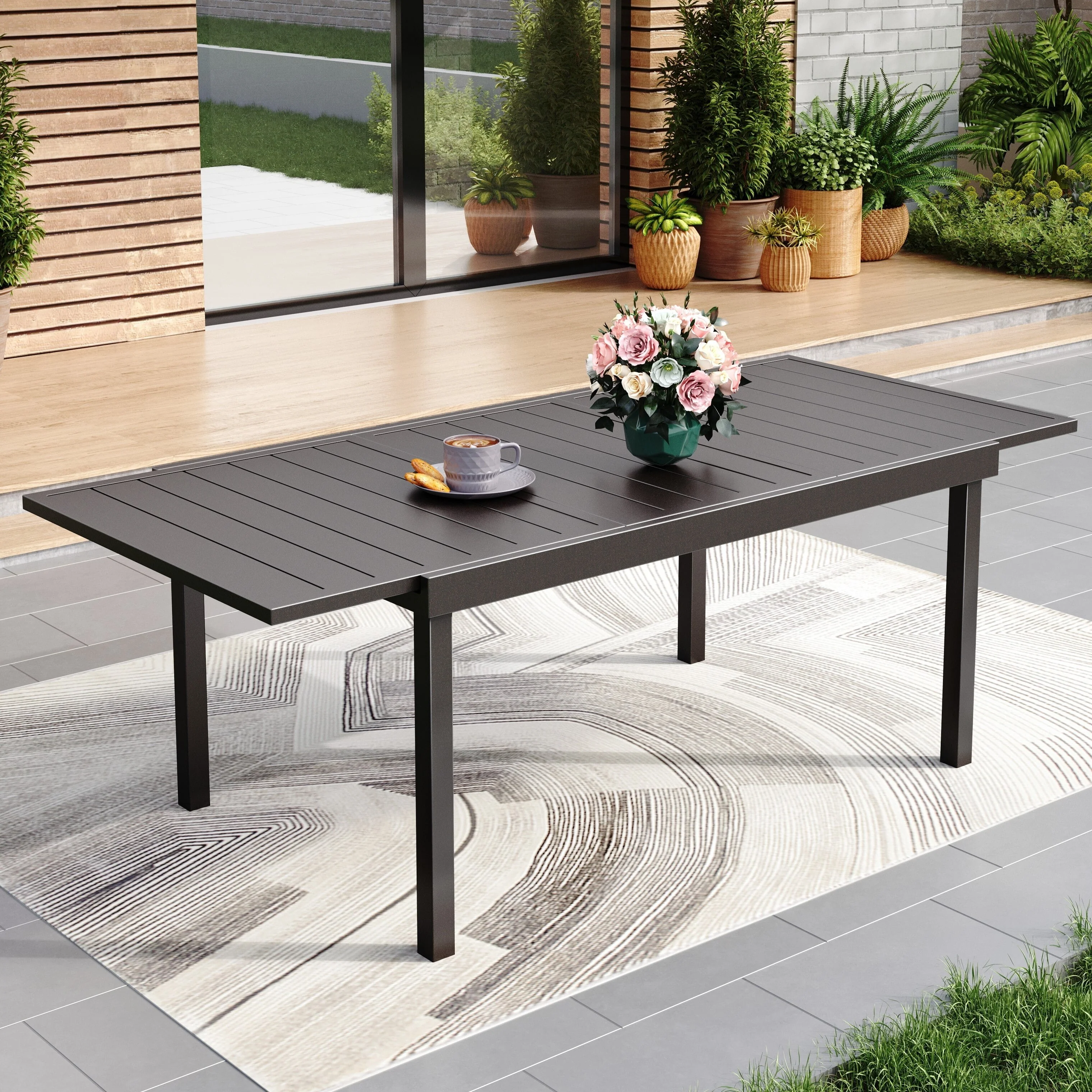 MAISON ARTS Expandable Outdoor Dining Table, Adjustable Metal Patio Garden Table for 6-8 Person, Black