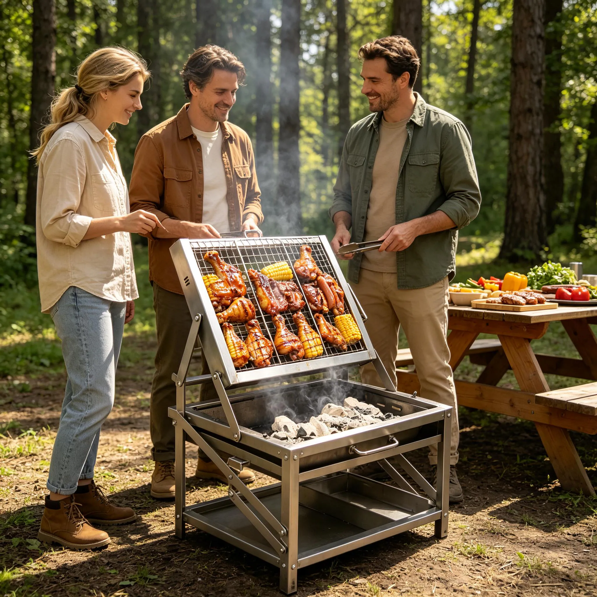 Flippable Charcoal BBQ Grill, Large Outdoor Portable Barbecue Grill, Galvanized Steel Camp Grill for Backyard Camping Picnic, For 3‑10People