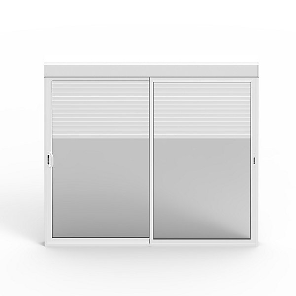 Baie coulissante en aluminium blanc avec volet roulant électrique intégré motorisation Somfy l.240 x H.200 cm Uw=2