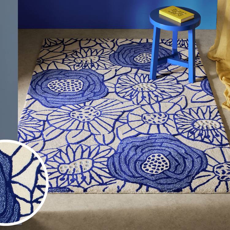 Habitat Scandi Floral Blue Wool Cut Pile Rug - 120x170cm