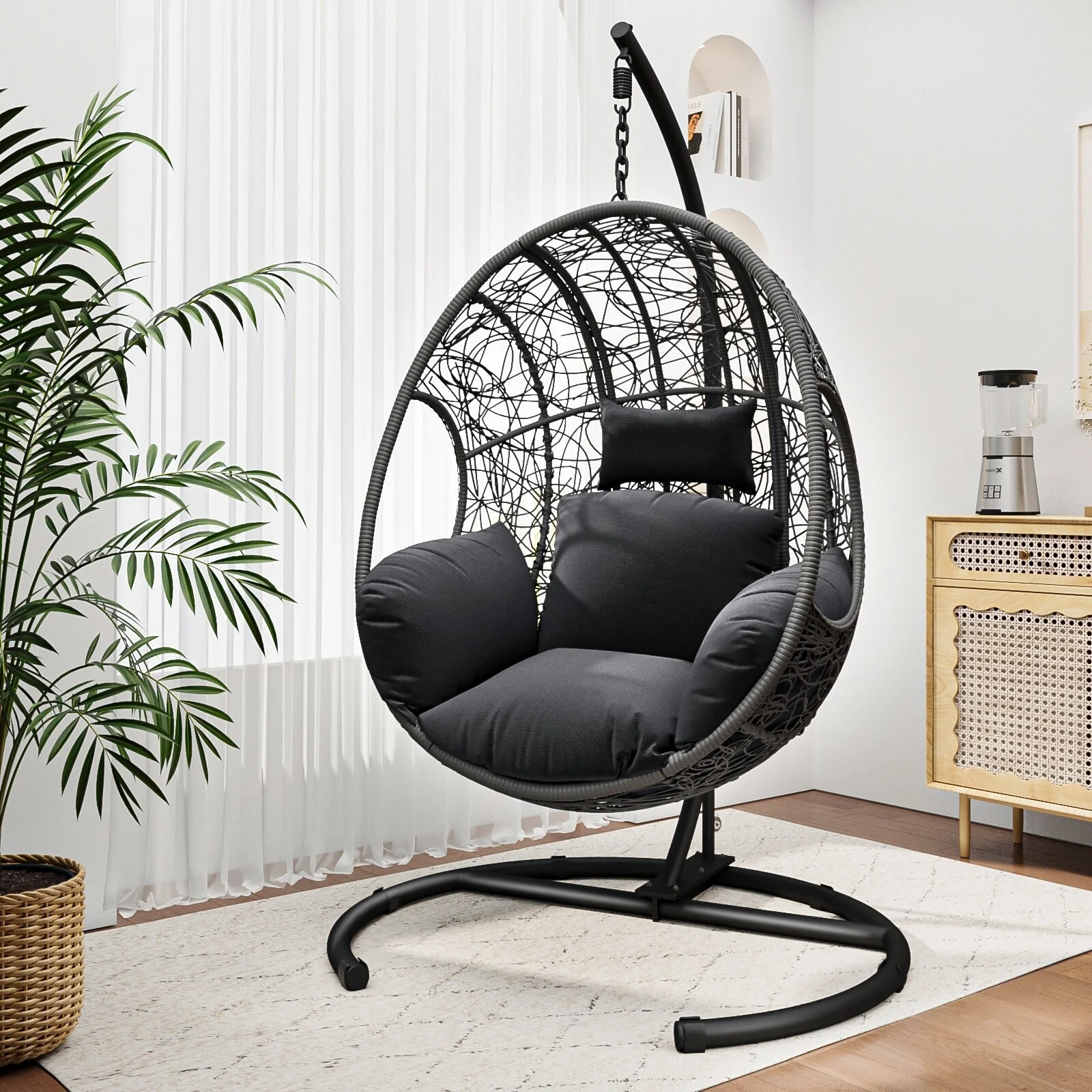 Patio Swing Hanging Egg Chairs Lounge Rocking Chair with Stand Rattan Hanging Basket Hammock Chairs with Arm for Indoor Outdoor