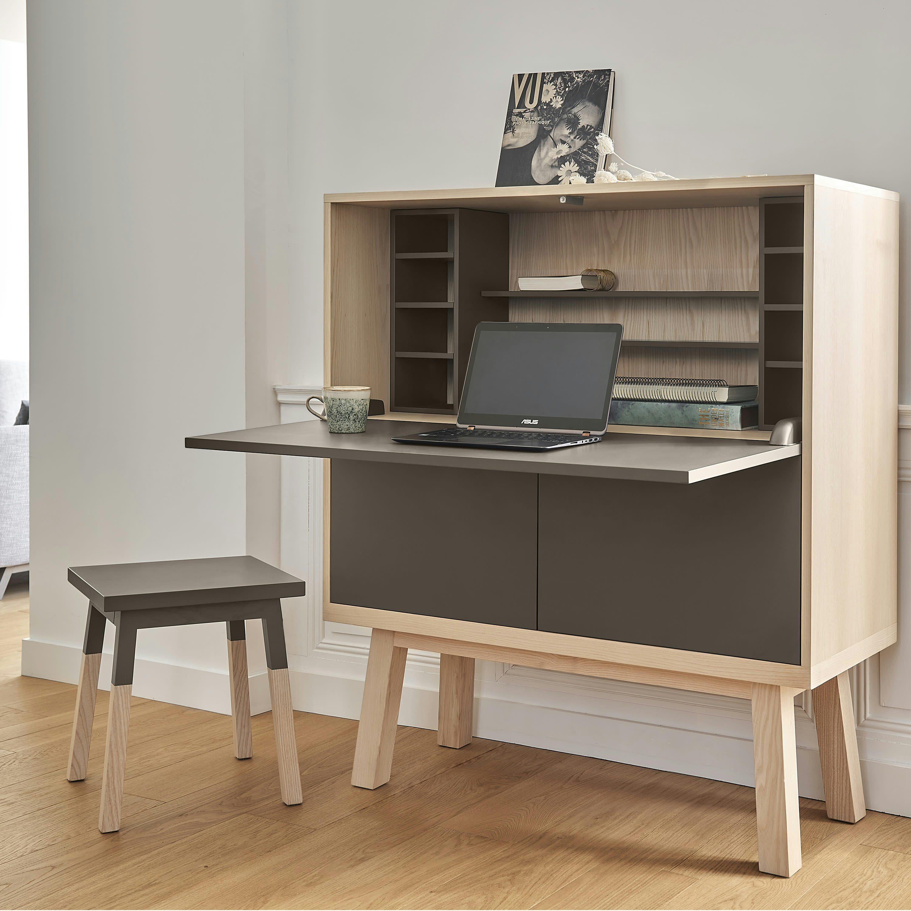 KUBE - Bureau secrétaire avec rangement, 120 cm de large, en frêne