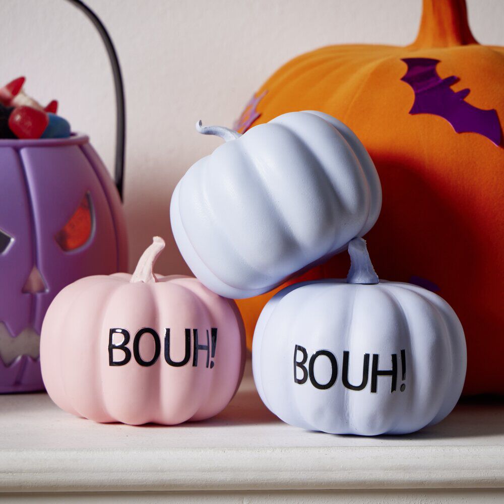 Citrouille décorative à poser pastel inscription BOUH! Ø9,4xH8cm (2 modèles)