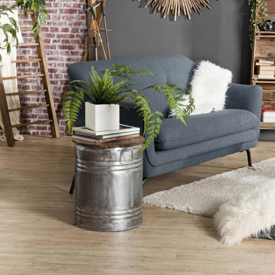 NOLAN - Table d'appoint ronde bidon esprit brocante acier bois recyclé D42