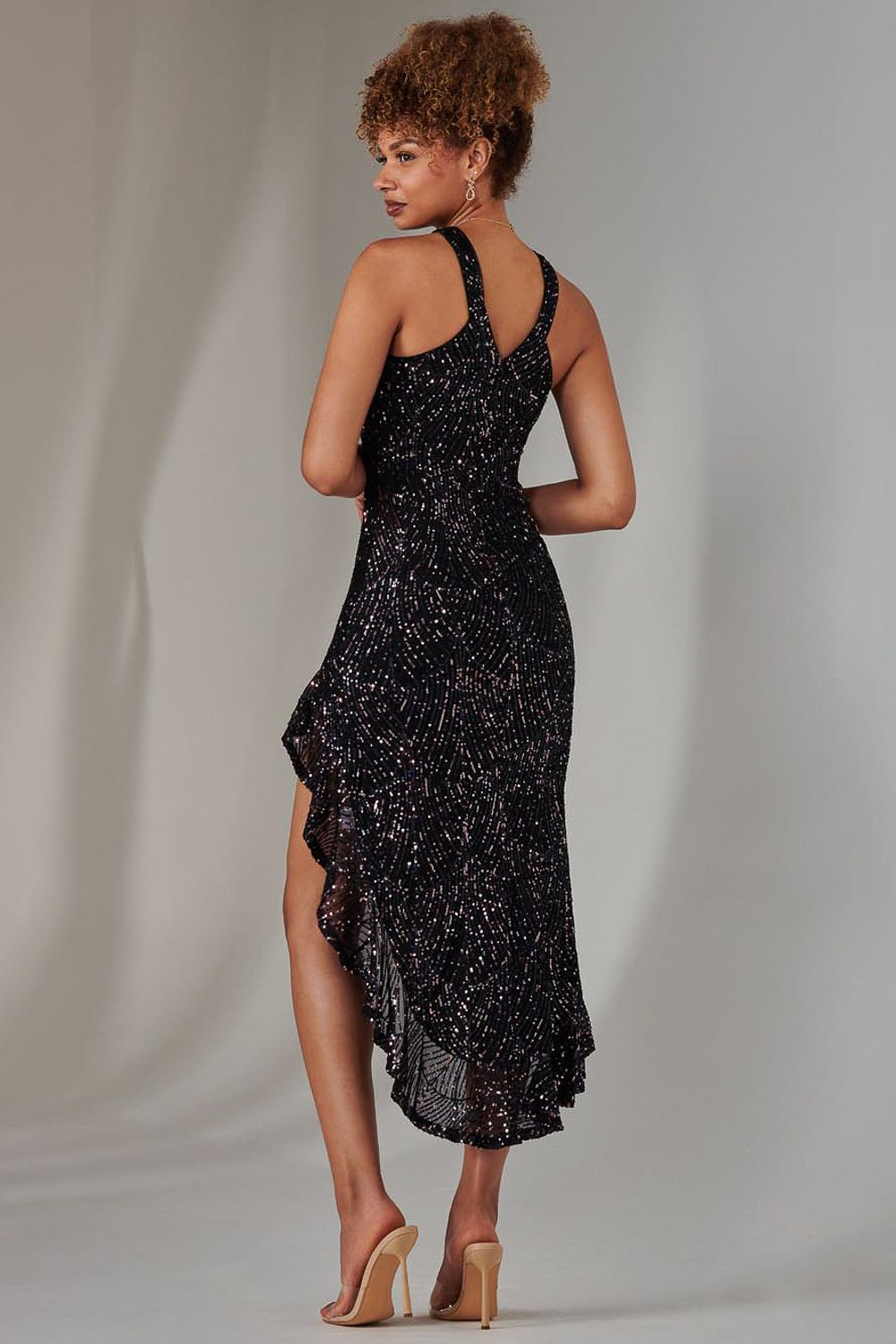 Jolie Moi Cross Neck Side Ruffle Sequin Dress